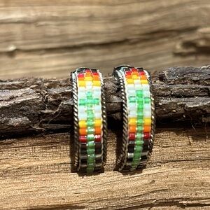 Vintage Southwest Style Sterling & Seed Bead Half Hoop Earrings
